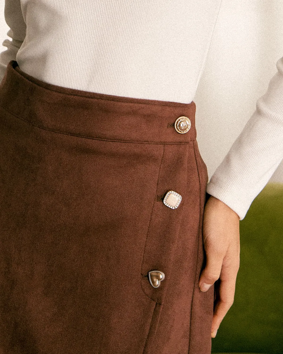 The Coffee High Waisted Suede Slit Midi Skirt