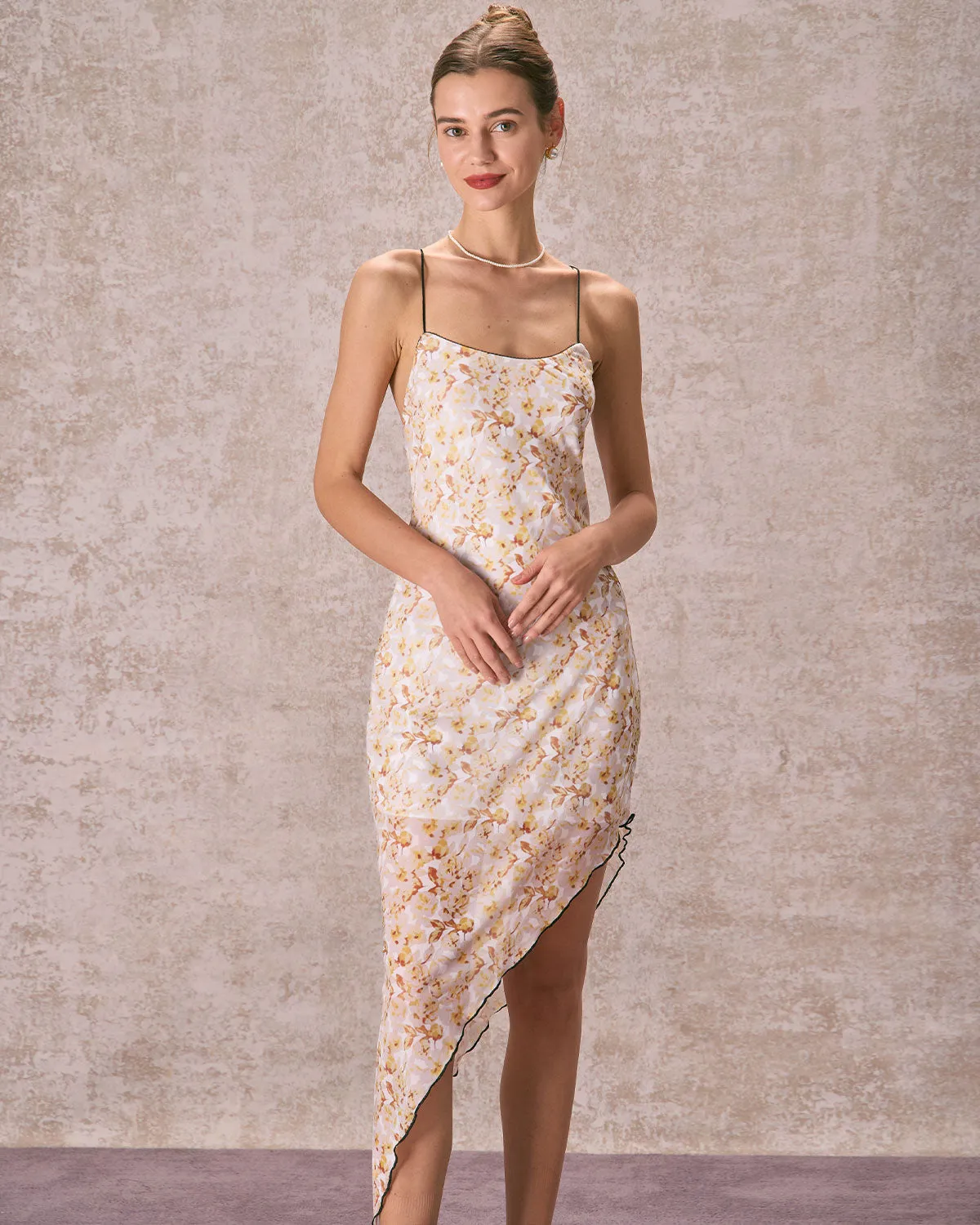 The Yellow Asymmetric Hem Floral Midi Dress