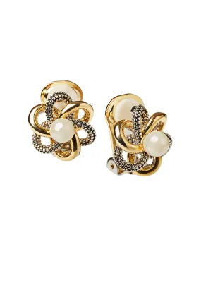 Two-Tone Pearl Center Knot Clip Earrings