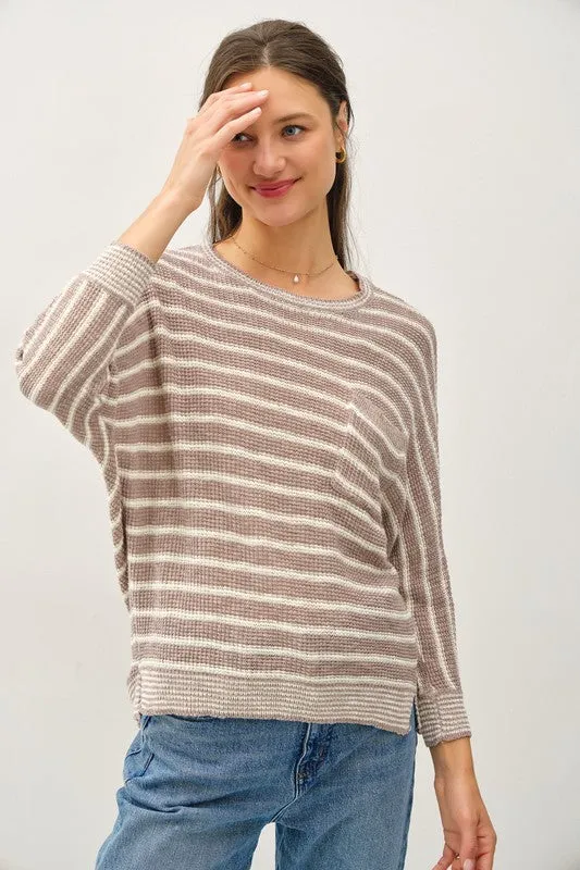 VESPER LIGHT STRIPED WAFFLE KNIT DOLMAN SLEEVE SWEATER