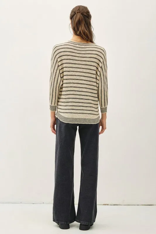 VESPER LIGHT STRIPED WAFFLE KNIT DOLMAN SLEEVE SWEATER