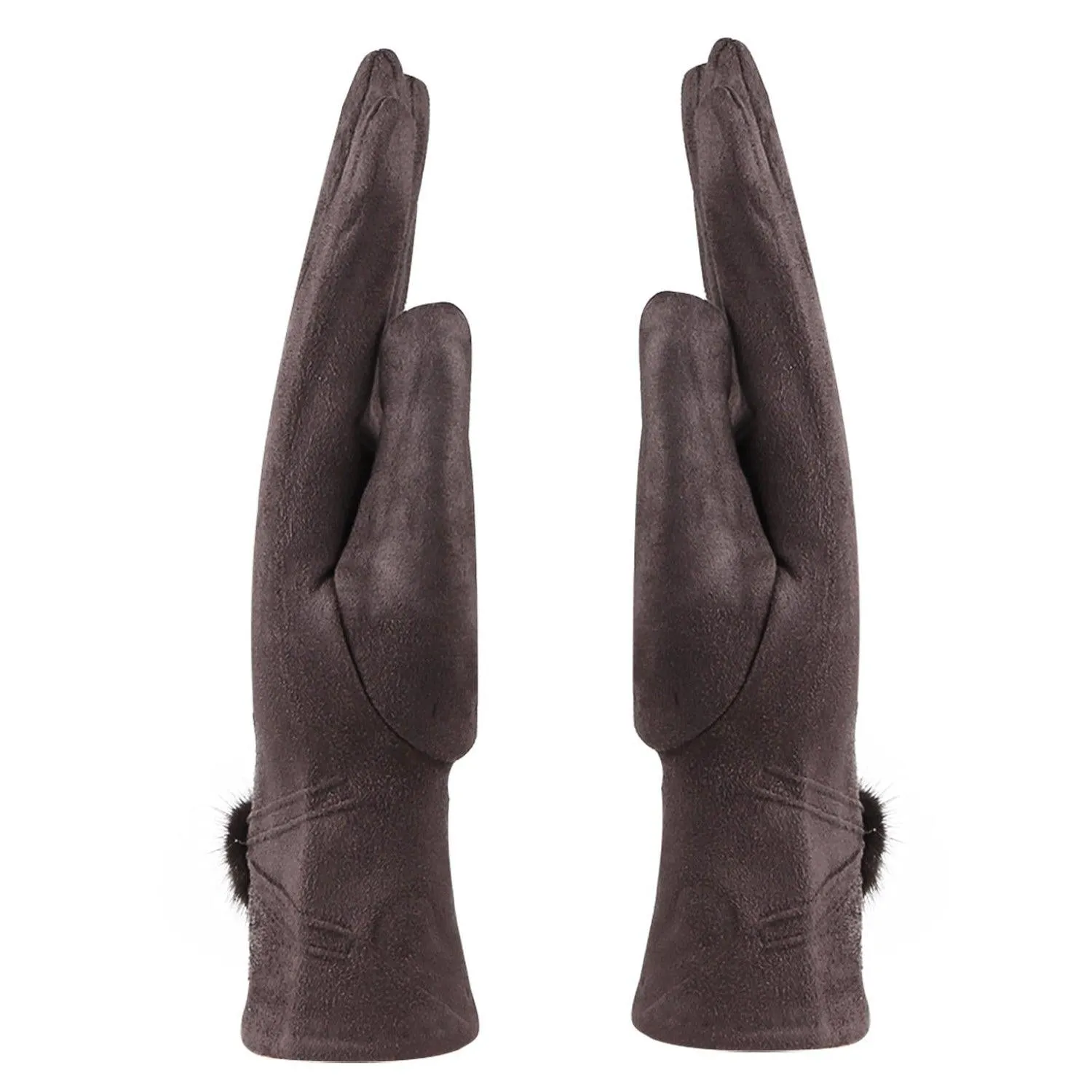 Women Gloves With Pom Poms - Brown