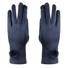 Women Gloves With Pom Poms - Navy