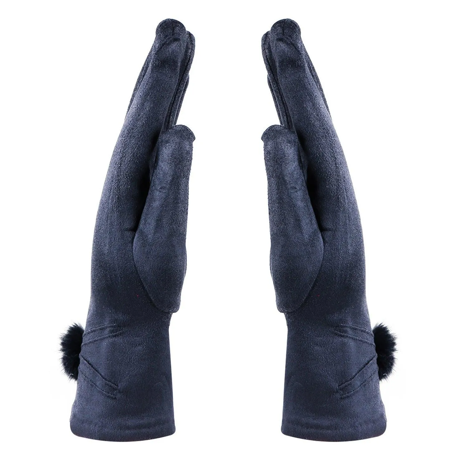 Women Gloves With Pom Poms - Navy