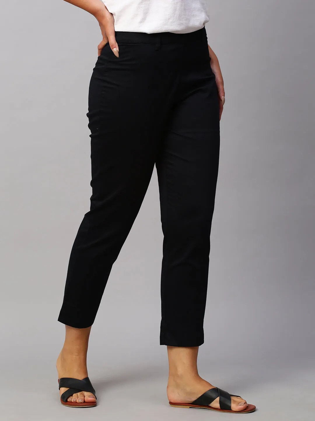 Women's Black Cotton Lycra Regular Fit Pant