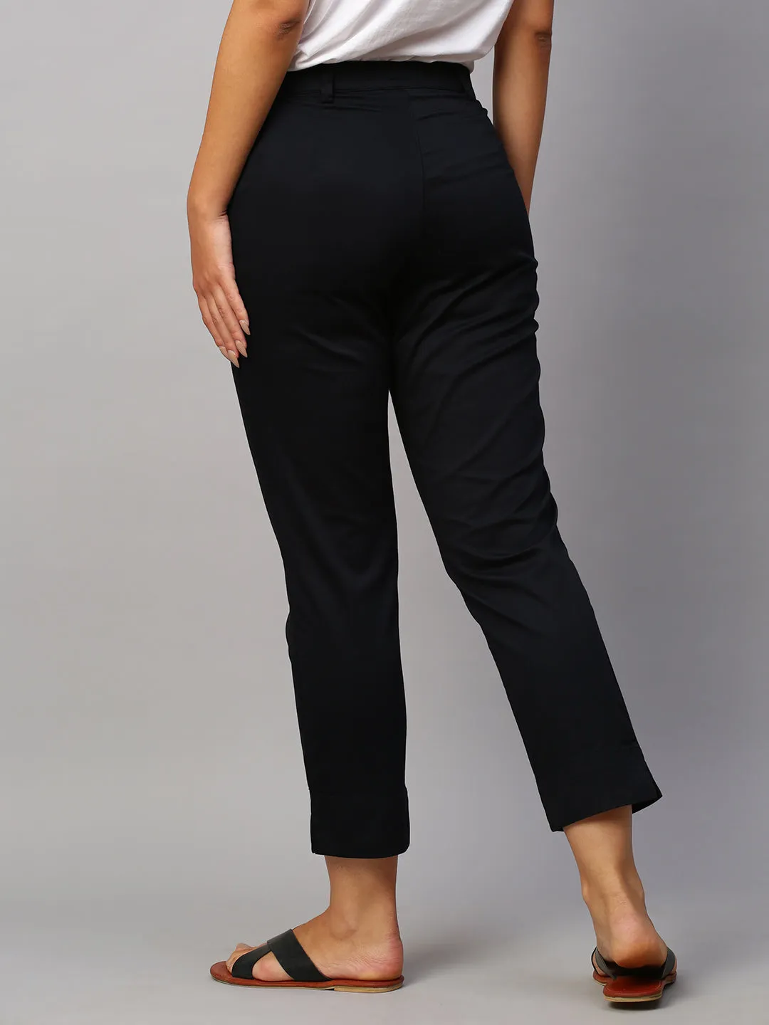 Women's Black Cotton Lycra Regular Fit Pant