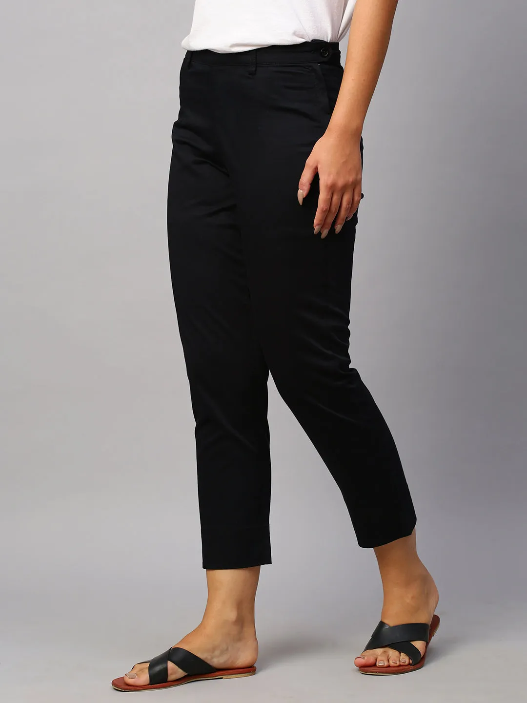 Women's Black Cotton Lycra Regular Fit Pant