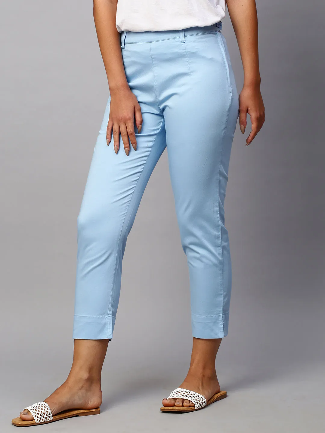 Women's Blue Cotton Lycra Regular Fit Pant