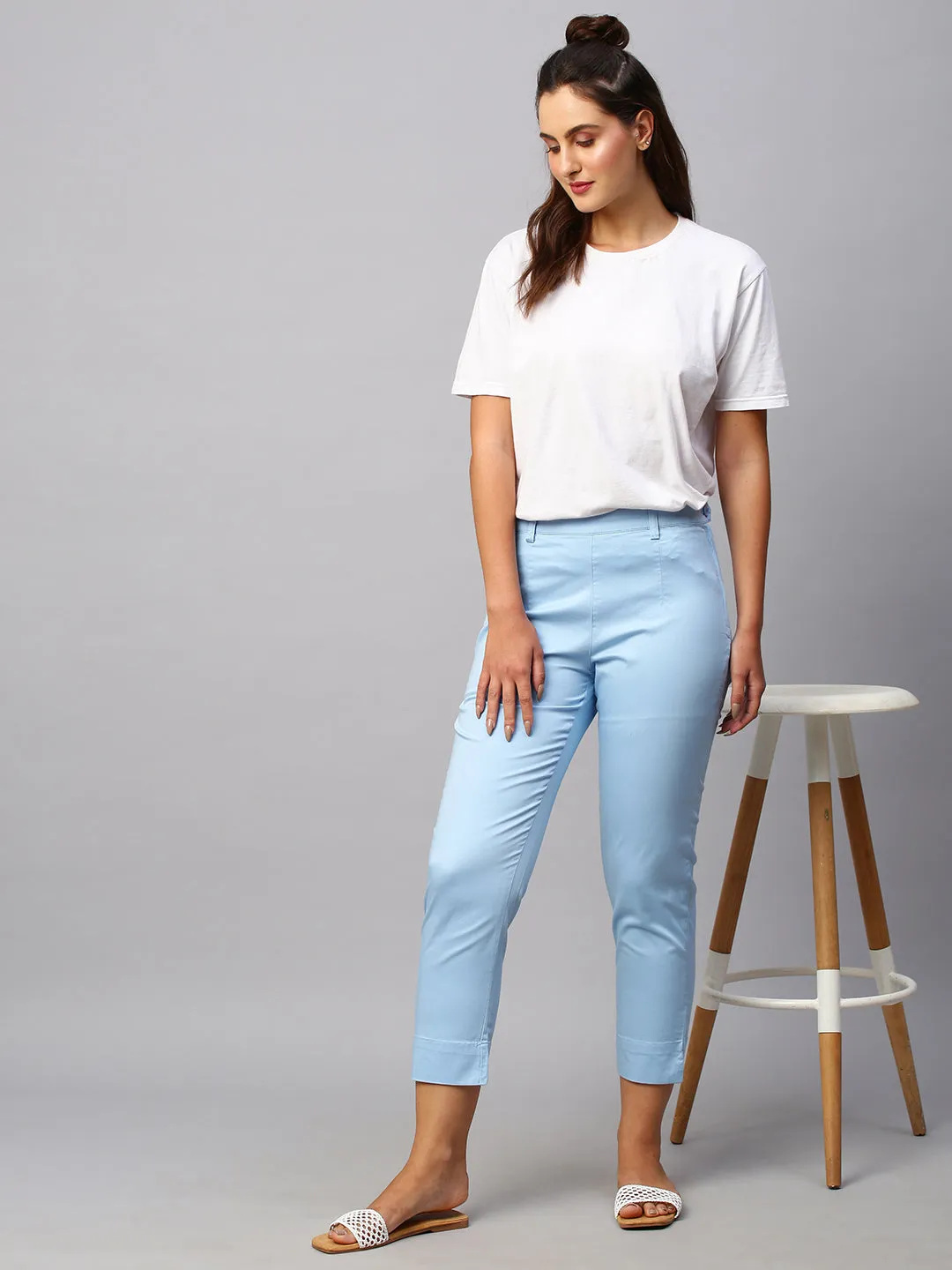 Women's Blue Cotton Lycra Regular Fit Pant