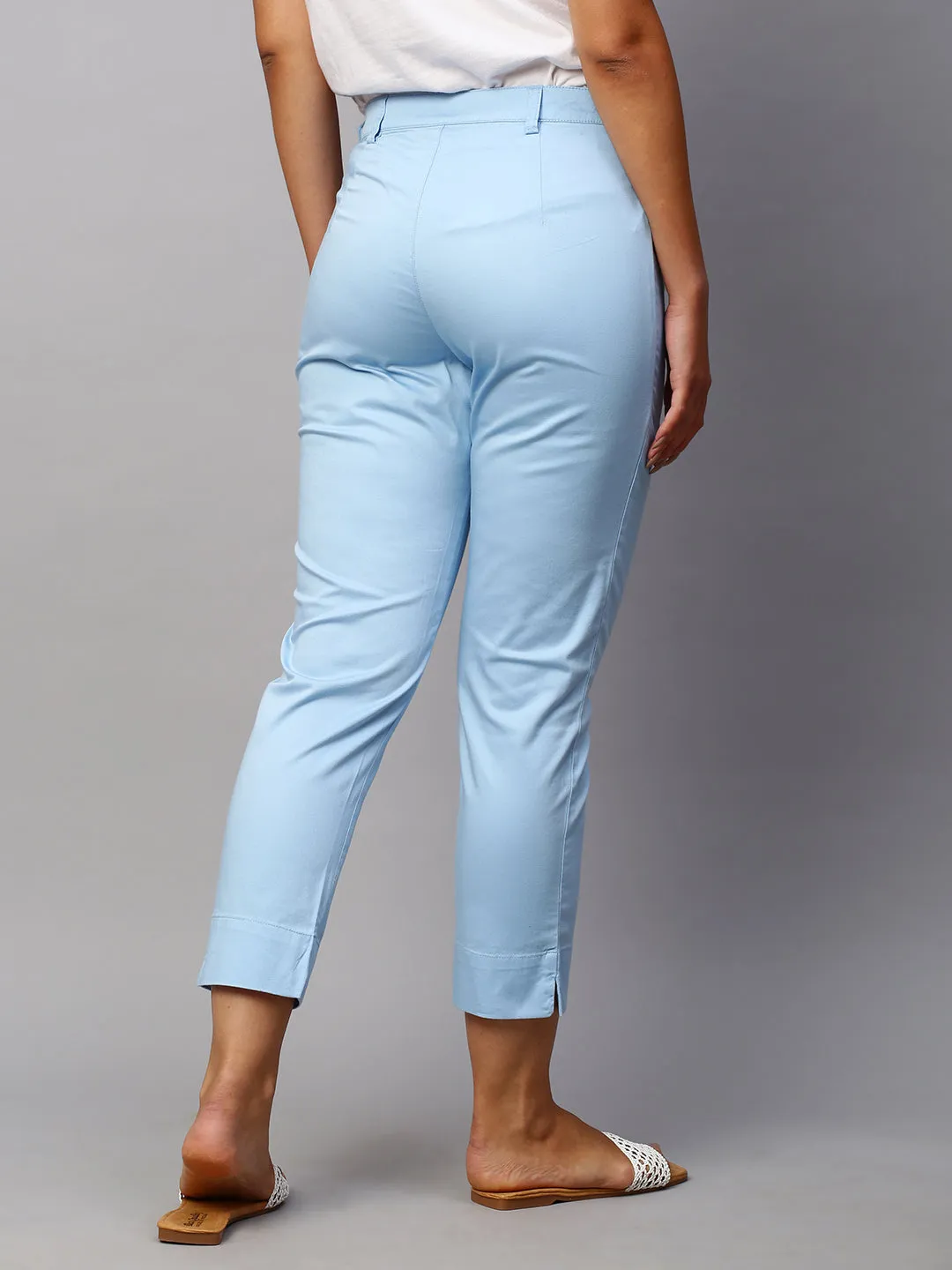 Women's Blue Cotton Lycra Regular Fit Pant