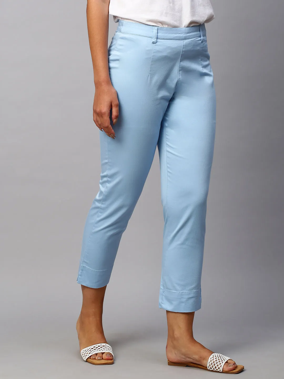 Women's Blue Cotton Lycra Regular Fit Pant