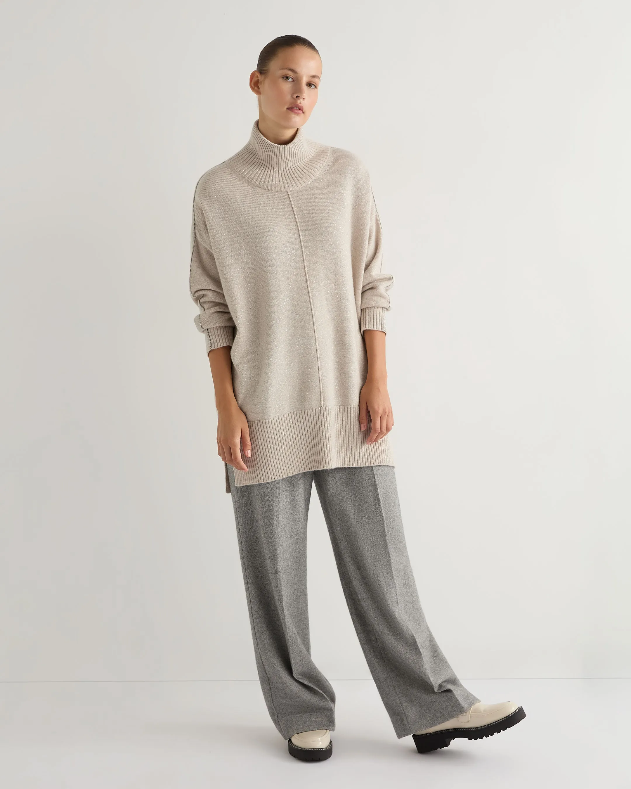 Women's Mock Neck Metal Cashmere Jumper With Lurex Ecru White