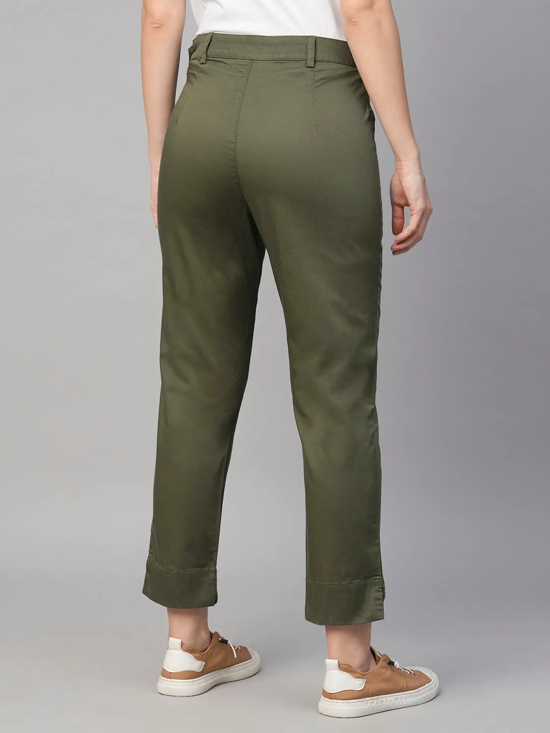 Women's Olive Cotton Elastane Regular Fit Pant