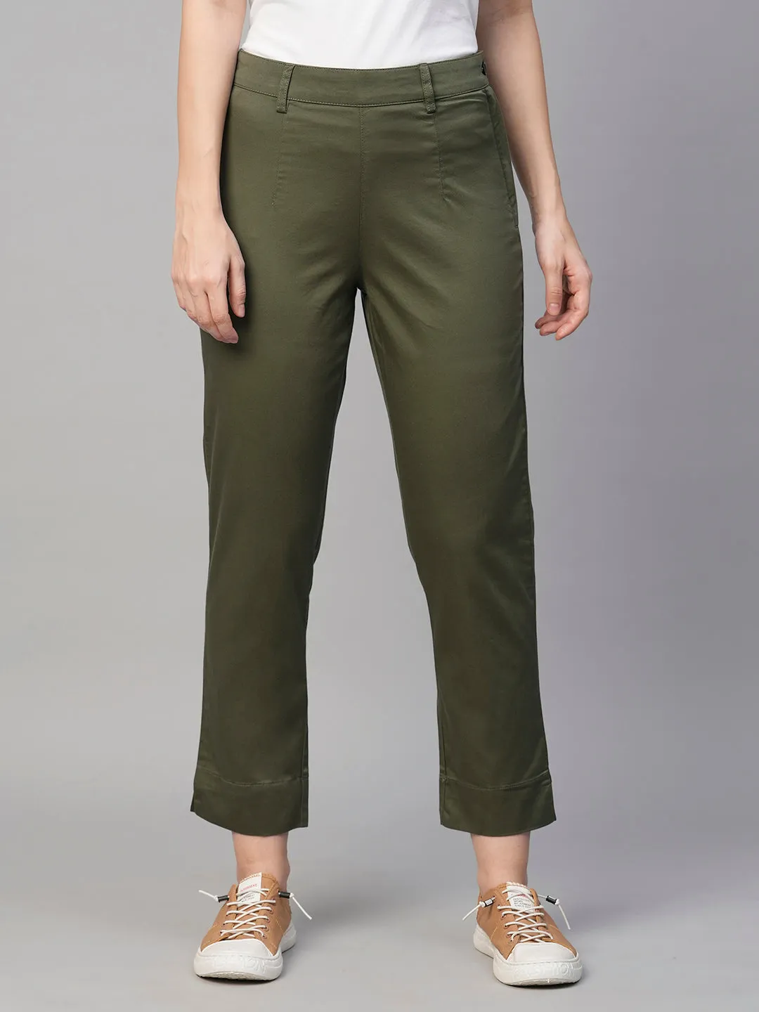 Women's Olive Cotton Elastane Regular Fit Pant