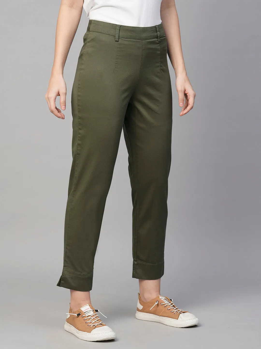 Women's Olive Cotton Elastane Regular Fit Pant