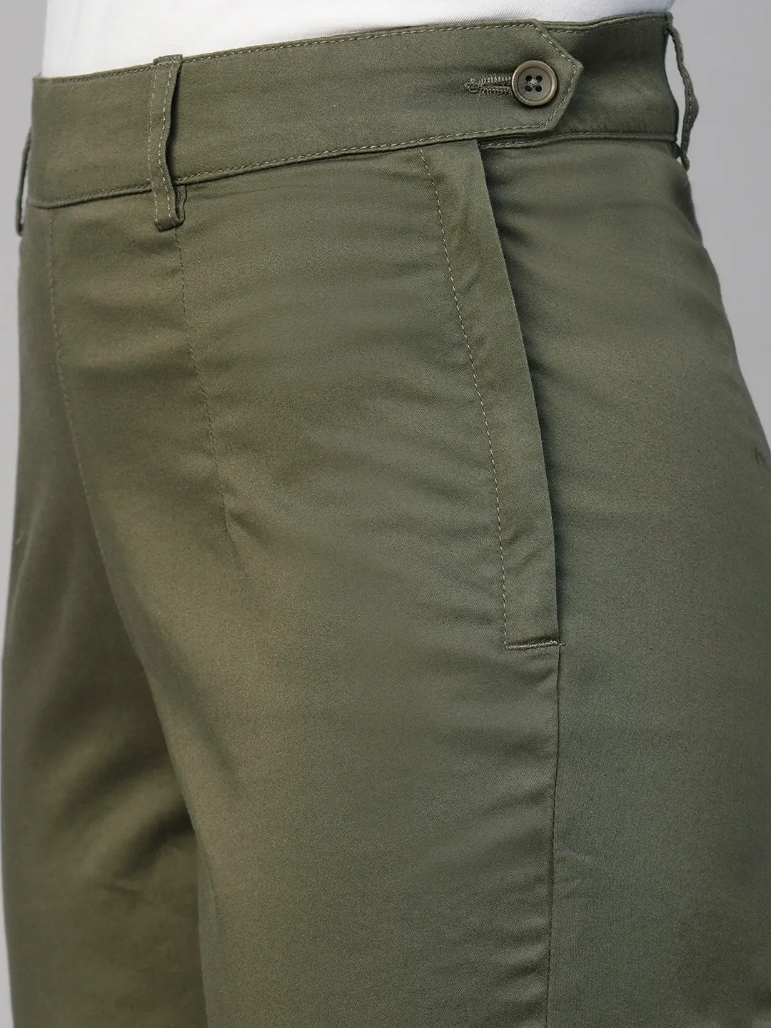 Women's Olive Cotton Elastane Regular Fit Pant