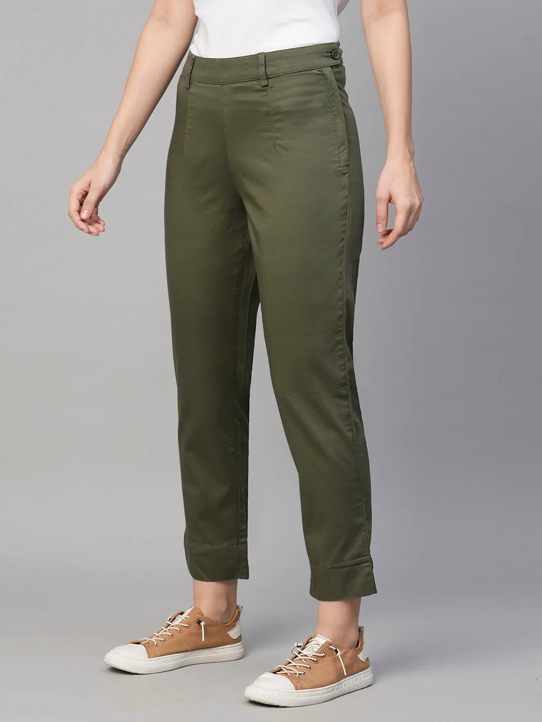 Women's Olive Cotton Elastane Regular Fit Pant